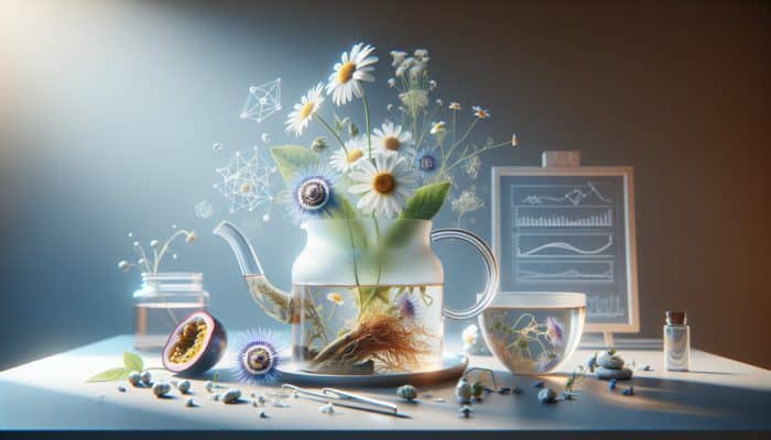 A serene herbal tea setup featuring chamomile, valerian root, and passionflower, promoting relaxation and restful sleep.