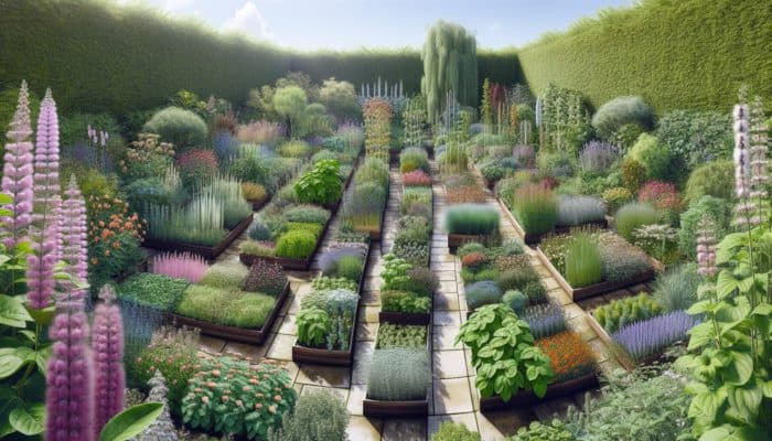 A variety of medicinal herbs in a UK garden, labeled with health benefits, under a clear sky.
