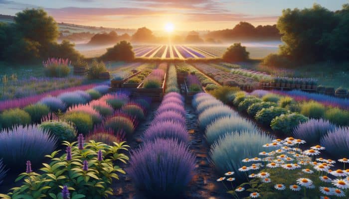 A serene UK herb farm at sunrise with organic lavender and chamomile, showcasing sustainable, pesticide-free practices.