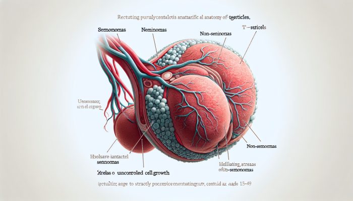 Illustration of testicles showing cell growth areas, seminomas, and non-seminomas, designed for educational purposes for young men.
