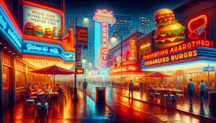 Fremont Street at night illuminated by neon lights, showcasing budget-friendly eateries like VegeNation and Heart Attack Grill.