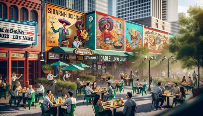 A lively outdoor dining scene in downtown Las Vegas with street performers entertaining patrons at local eateries.