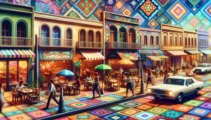 Charming neighbourhood street featuring Blueberry Hill and Los Tacos, with locals enjoying affordable and hearty meals.