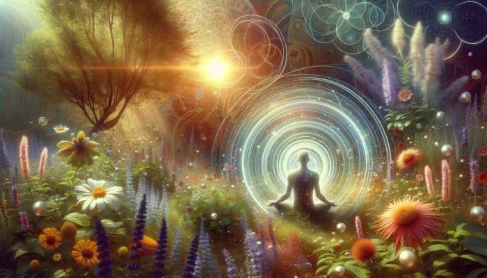 A serene garden featuring herbs such as lavender and chamomile, with a person meditating in gentle sunlight.