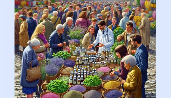 A market stall in the UK with various herbs such as lavender, mint, and chamomile; shoppers and herbalists are present.