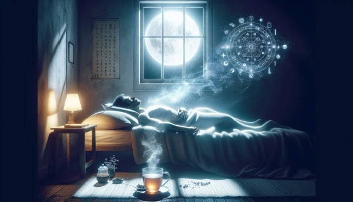 A tranquil bedroom featuring valerian root tea, soft moonlight, and a person sleeping peacefully.
