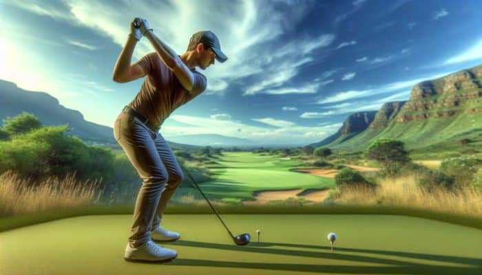 Golfer at Arabella Golf Club aligning body parallel to target line, adjusting stance against wind for optimal performance.
