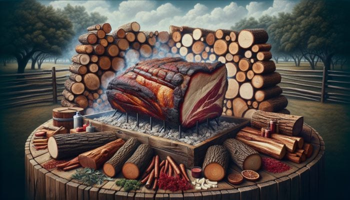 Various oak logs (white, red, live) surrounding a smoking brisket in a rustic pit, under a clear sky.