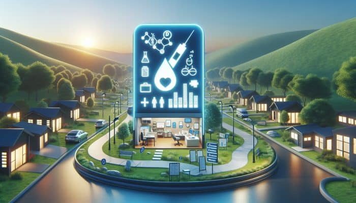 A serene medical clinic in Market Harborough with a sign for diabetes blood tests amidst lush greenery.