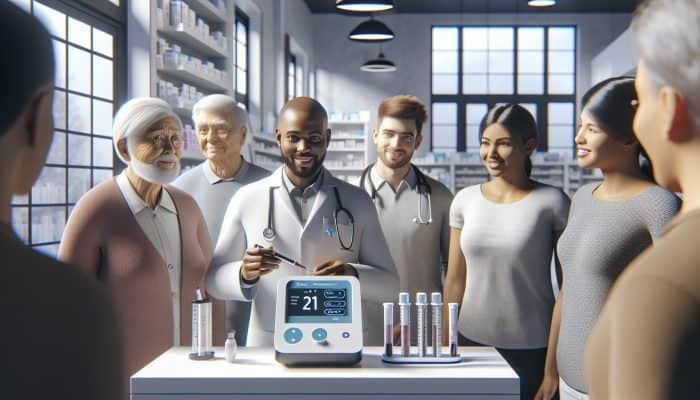 A modern pharmacy with trained staff guiding diverse group through diabetes testing, showing immediate results on digital screens.