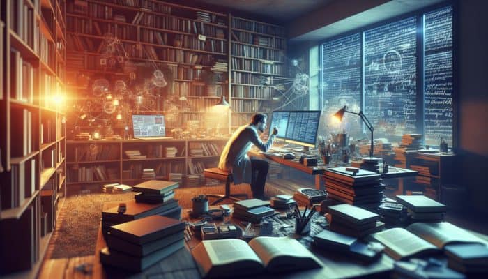 A researcher crafting an in-depth research strategy at a desk surrounded by books and digital devices in a cosy study room.