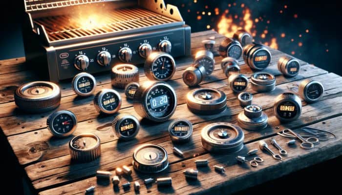 Grill timers displayed on a wooden table: mechanical with dials, digital with countdown and magnetic backs, near a lit barbecue grill.