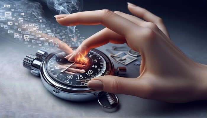 A hand adjusting digital timer settings, with a stopwatch set at 10 minutes, surrounded by a grilling scene with smoke and meat.
