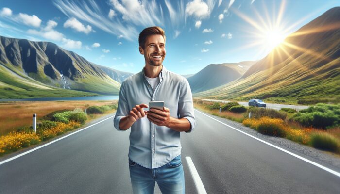 A smiling traveller using a smartphone for instant car rental customer support during a scenic road trip.