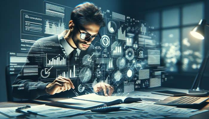 Best Resources for Finding Debt Consolidation Lenders in the UK: | DCL Person analysing financial documents with charts, focusing on APR and fees in a modern office.