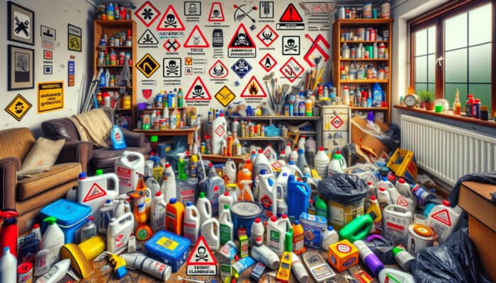 UK house clearance scene displaying hazardous items such as toxic chemicals, flammable substances, explosives, and household products with warning labels.