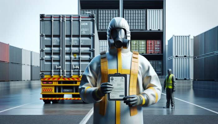 Person in protective gear with license beside truck, safely managing hazardous waste.