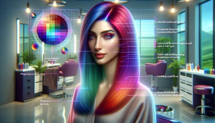 Person with vibrant, custom-blended hair gloss, showcasing colourful spectrum, in modern salon.