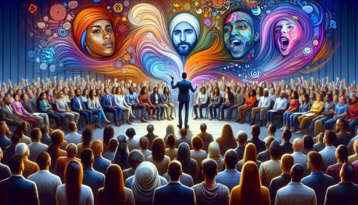 A diverse audience captivated by a storyteller weaving a captivating narrative, surrounded by vibrant colours.