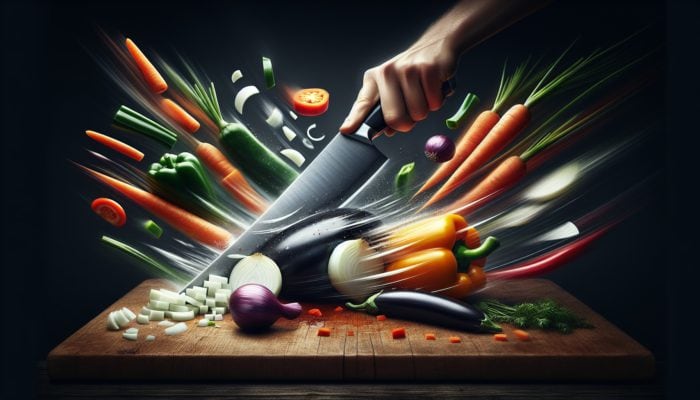 Chef's knife rocking on cutting board, slicing vegetables precisely for efficiency and blade longevity.