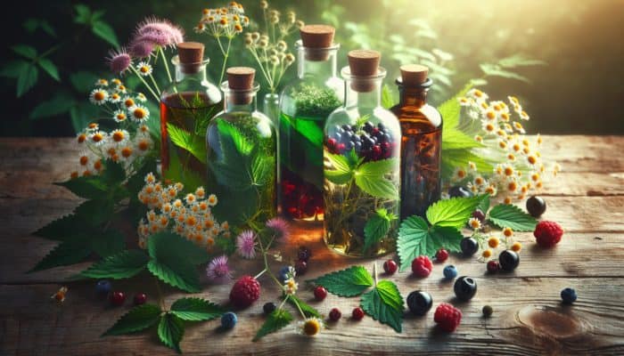 A still life of nettle, elderberry, and chamomile in tincture bottles on a rustic table with soft light.