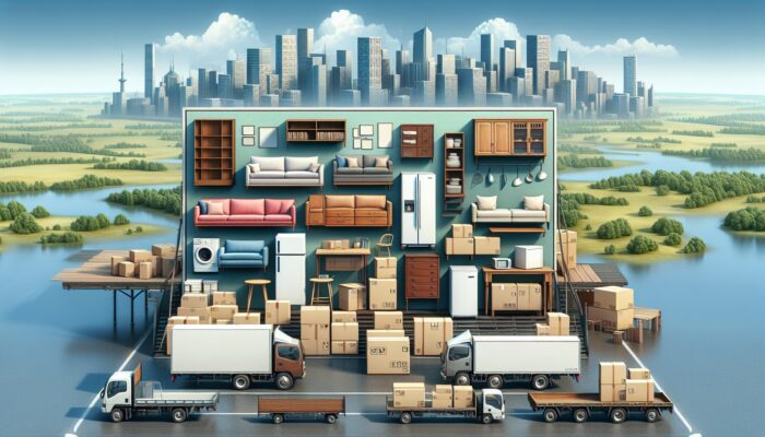 Furniture, appliances, and boxes loaded into various pickup trucks, urban and rural settings with different terrains.