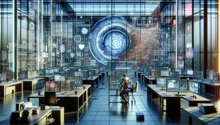 AI in futuristic lab analysing SERP data, showing biases in graphs and struggling with human emotions and cultural contexts.