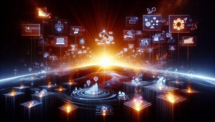 E-commerce website icons, SEO graphs, and glowing customer testimonials increasing, symbolising SEO enhancement.
