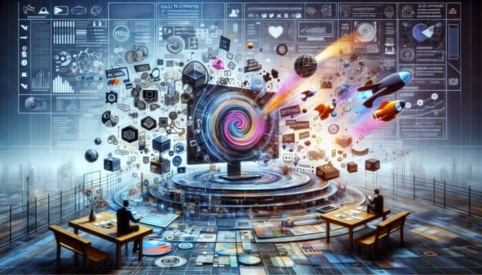 A vibrant digital screen showcasing an SEO-optimised customer narrative with keywords, headings, and multimedia.