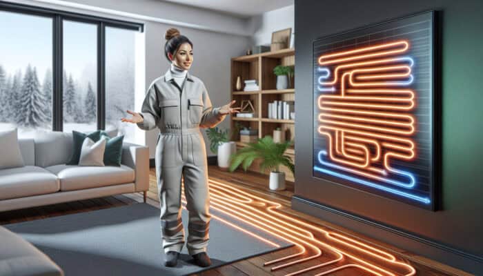 A modern living room equipped with a hydronic radiant floor heating system, showcasing its advantages in Langley.