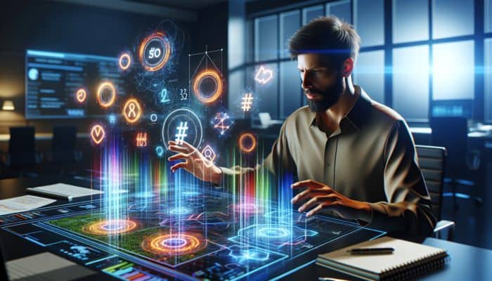 A digital marketing expert analysing trending hashtags on a futuristic screen with SEO graphs and colourful data visualisations in a contemporary office.