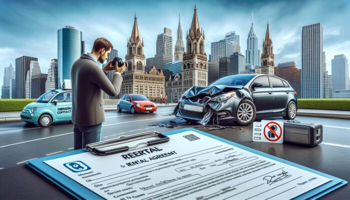 Individual documenting damages on rental car with agreement and emergency contacts in an international city.