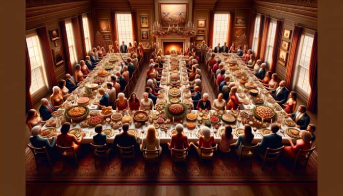 A festive table filled with various dishes, surrounded by a happy family and friends in a beautifully decorated dining room.