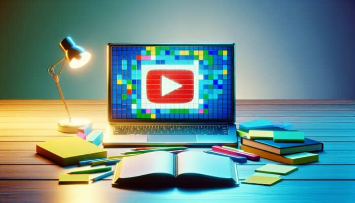 A laptop displaying a YouTube playlist, surrounded by sticky notes and a guidebook on video retention in a bright workspace.