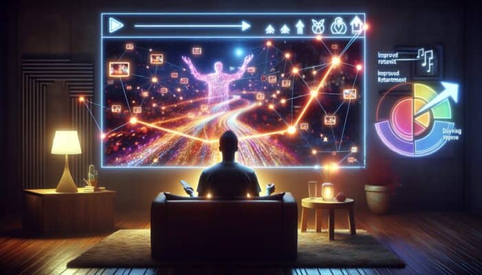A viewer engaged with a playlist on a screen, with graphs showing increased retention, in a comfortable room.