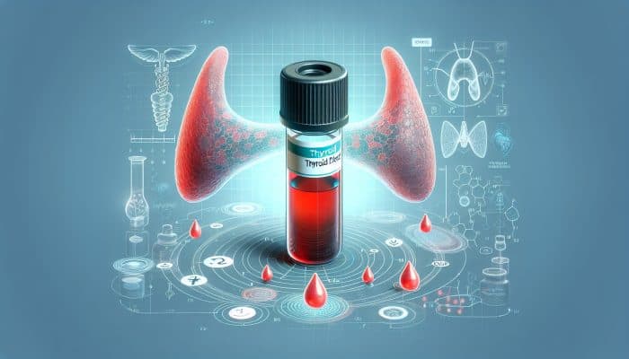 Thyroid Blood Test in Uppingham: Illustration of thyroid blood test with hormone levels, thyroid gland, and diagnostic charts.
