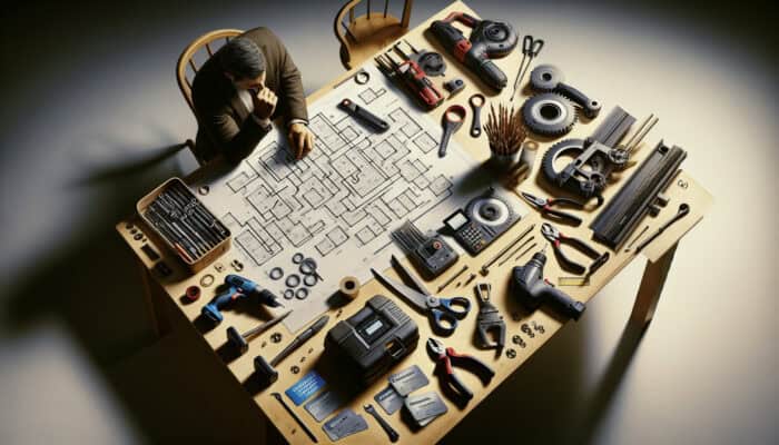A person organising tool rental savings with tools, coupons, and loyalty cards on a desk.