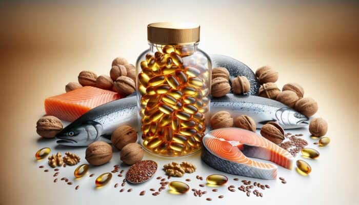 A glass bottle filled with golden fish oil capsules alongside salmon, walnuts, and flaxseeds on a clean white background.