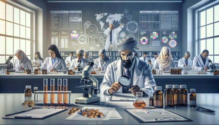 Laboratory scientists analyzing fish oil supplements to ensure quality, potency, and purity.