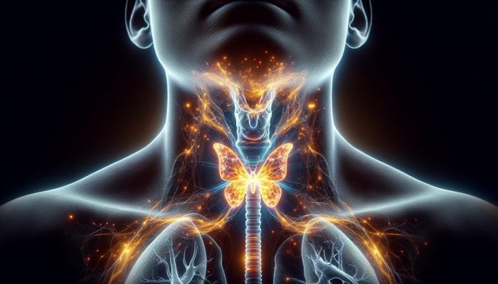 Illustration of the thyroid gland located at the front of the neck, demonstrating its role in hormone production for metabolism and growth.