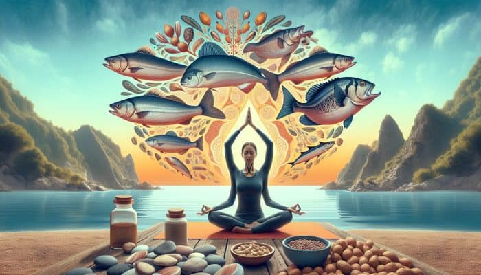 A person practising yoga by the sea with fish and nuts, symbolising support for thyroid health.