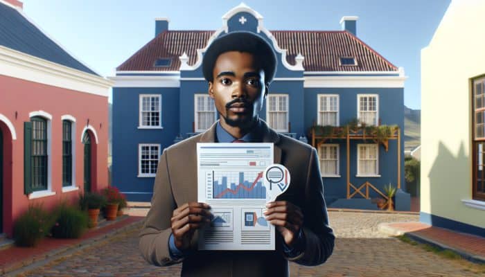 A concerned first-time home buyer in Stellenbosch with mortgage documents, Cape Dutch architecture in background.
