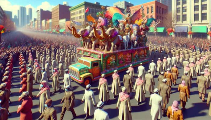 A vibrant holiday parade with organized floats and diverse animals like elephants and horses under a sunny sky.