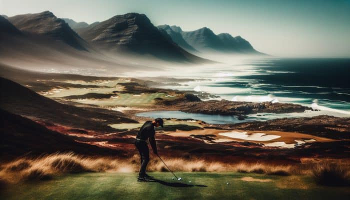 An expert golfer refining grip on a South African coastal course, enhancing control and power.