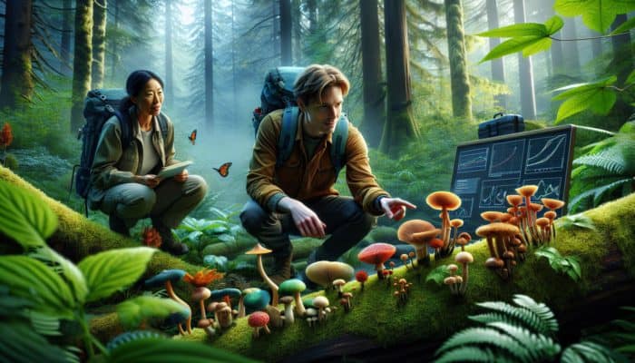 A hiker examines mushrooms during a guided foraging tour in a lush Pacific Northwest forest, with an expert pointing out species.