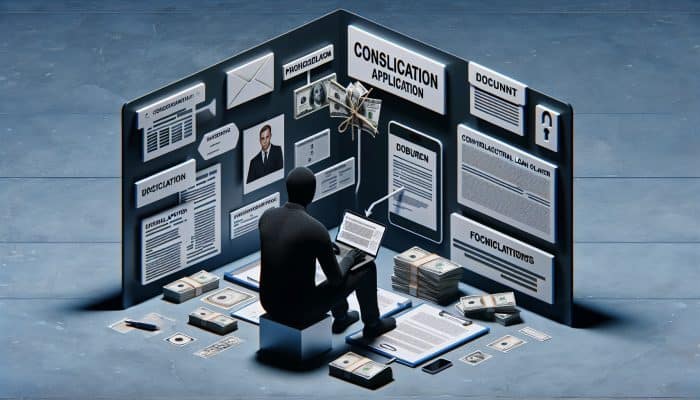 Debt Consolidation Loans for Self-Employed: UK Guide | DCL A person using a laptop to apply for a debt consolidation loan, with documents and a lender reviewing on another screen.