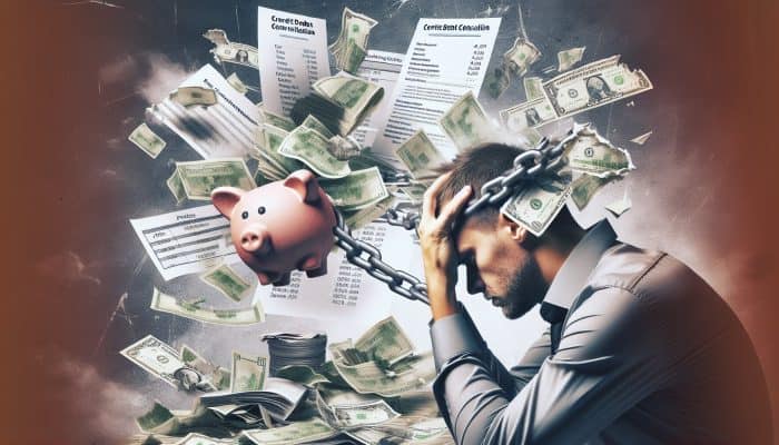 Understanding Debt Consolidation: UK Insights | DCL Person overwhelmed by new debts post-consolidation, illustrating risk of increased debt.