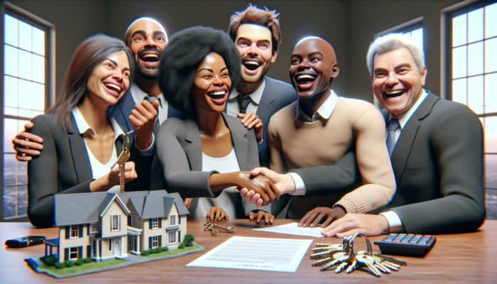 Diverse group of first-time homebuyers in Bloemfontein celebrating signing home loan documents with bank representative, keys, and model house.