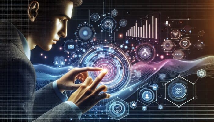 User interacting with gamification elements on a digital platform, with analytics graphs in background.