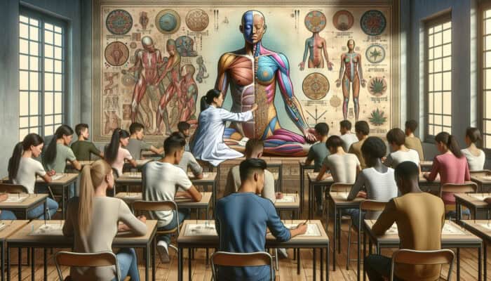 Students in a classroom learning acupuncture, with anatomical charts and a mentor demonstrating on a model.